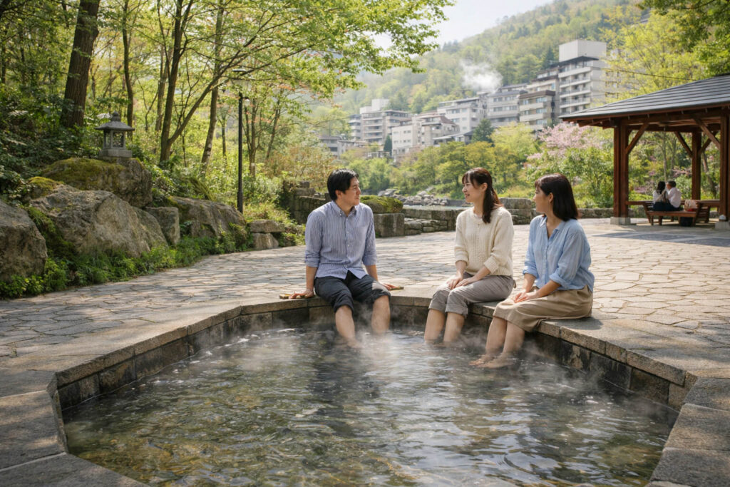 定山渓の無料散策スポットを歩いて巡る日帰り観光の様子