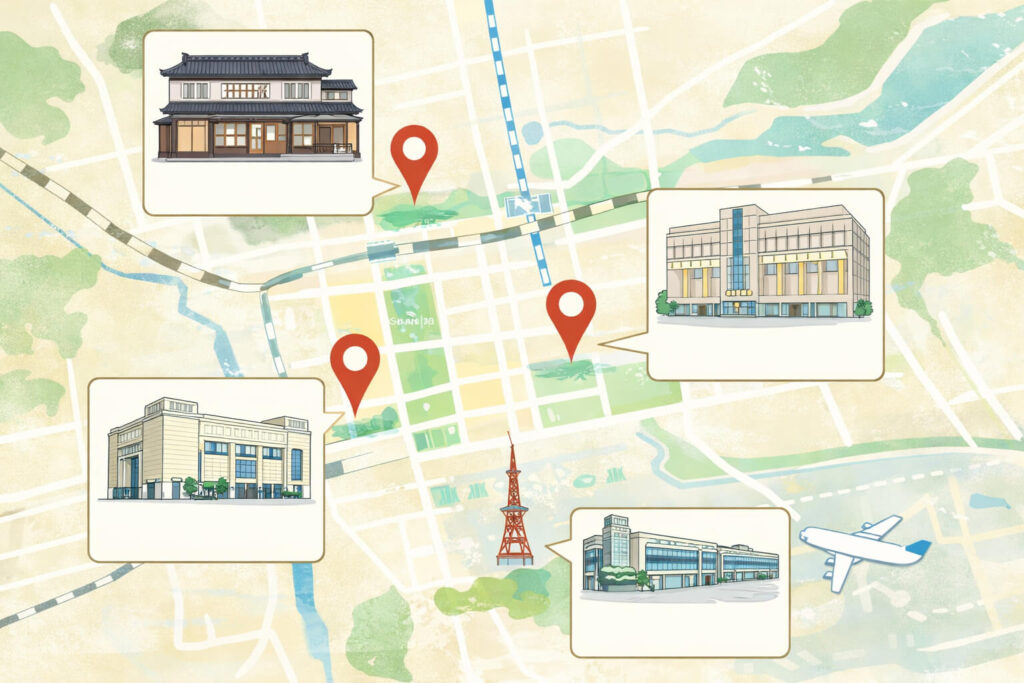 千秋庵の代表的な購入スポットである本店と大丸札幌店と札幌三越店と新千歳空港店のイメージ