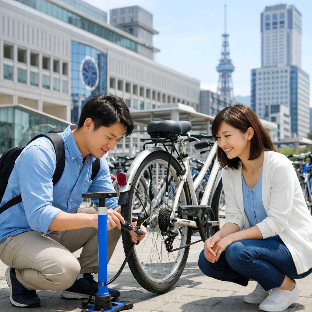 札幌の街中で自転車のタイヤを確認している人物のイメージ