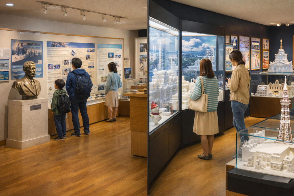 羊ケ丘展望台内の展示施設を見学する様子