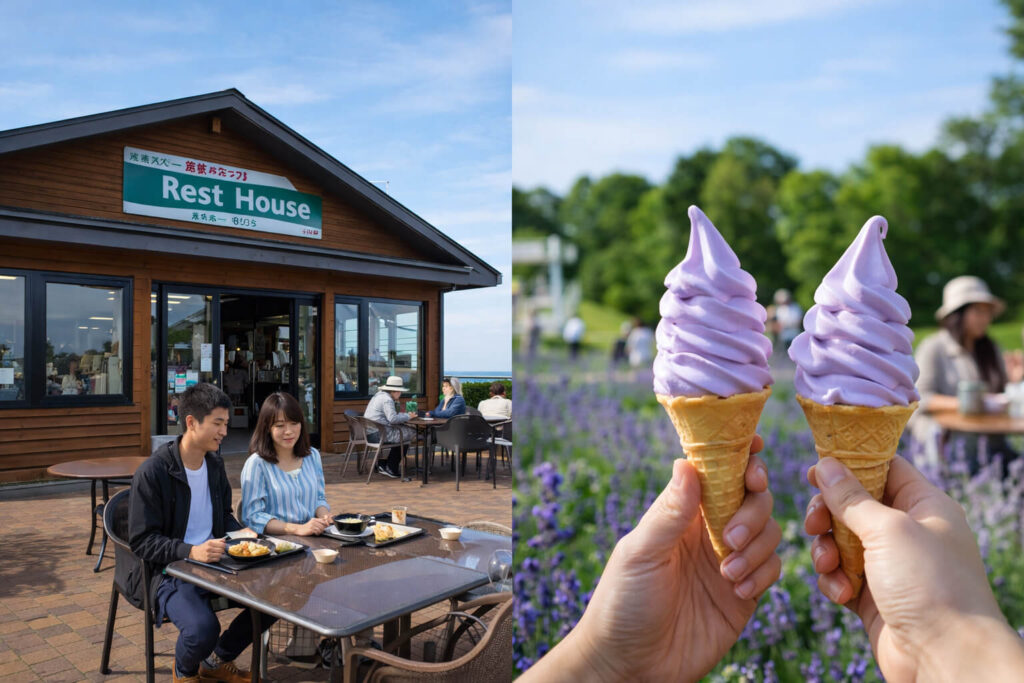 羊ケ丘展望台で食事や休憩を楽しむ観光客