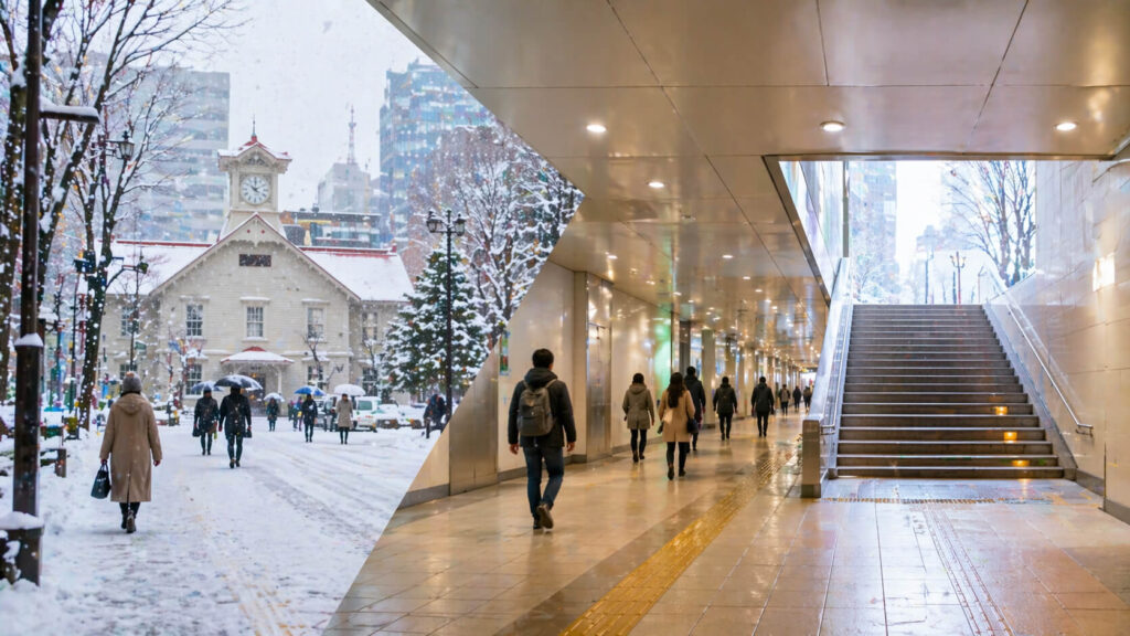 冬の札幌時計台観光で地下動線が便利だと伝わる、雪の街並みと屋内移動の安心感を表現した画像
