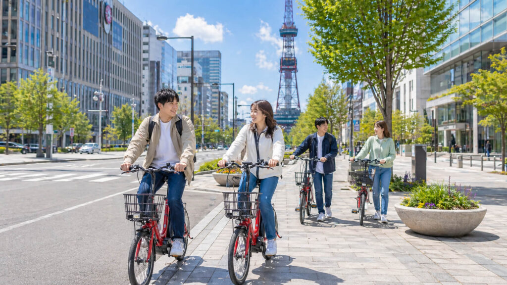 札幌中心部でポロクルを使って移動する観光客