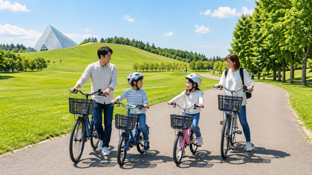 札幌の公園でレンタサイクルを楽しむ家族
