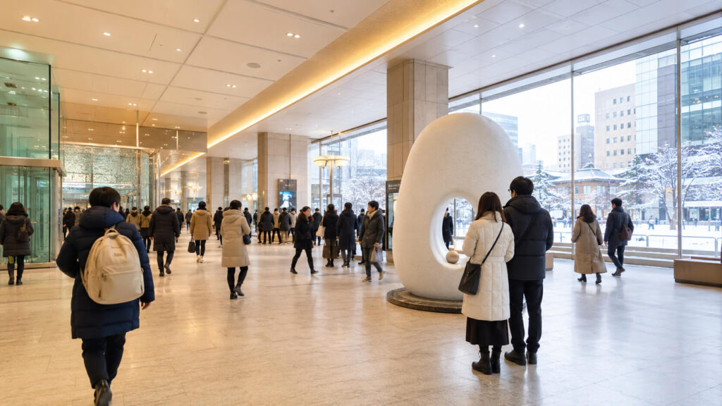 札幌駅西コンコースにある白いオブジェ妙夢で待ち合わせをする人々
