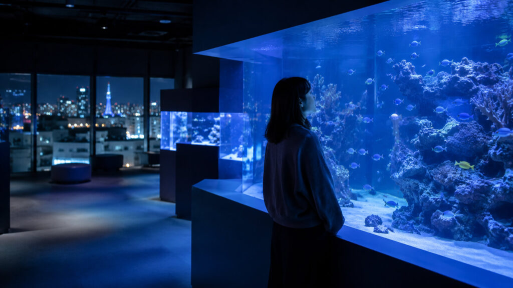 都市型水族館AOAO SAPPOROで静かに展示を眺める人