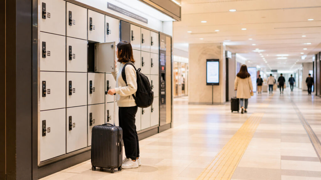 札幌駅周辺施設でロッカーに荷物を預ける人
