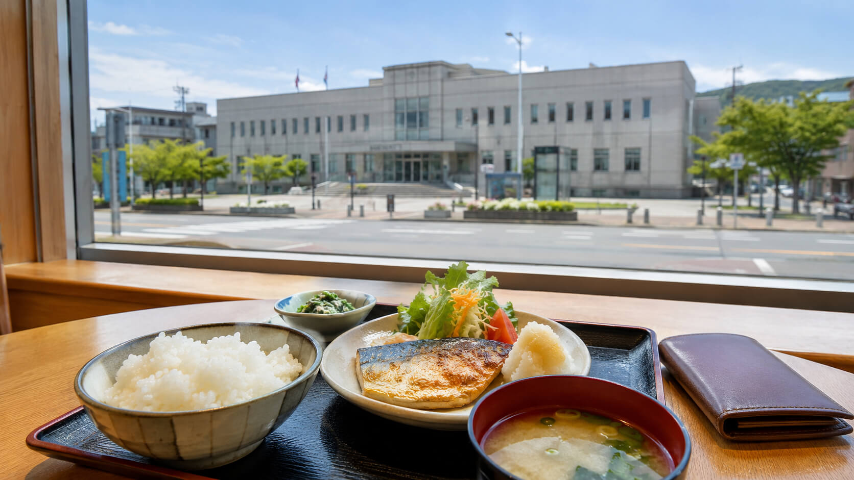 函館市役所地下1階にある食堂の入口とランチ利用の雰囲気