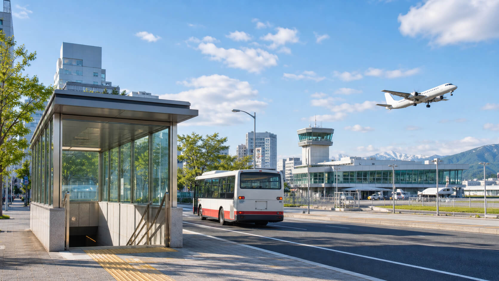 栄町から丘珠空港へ向かうバスと空港ターミナルのイメージ