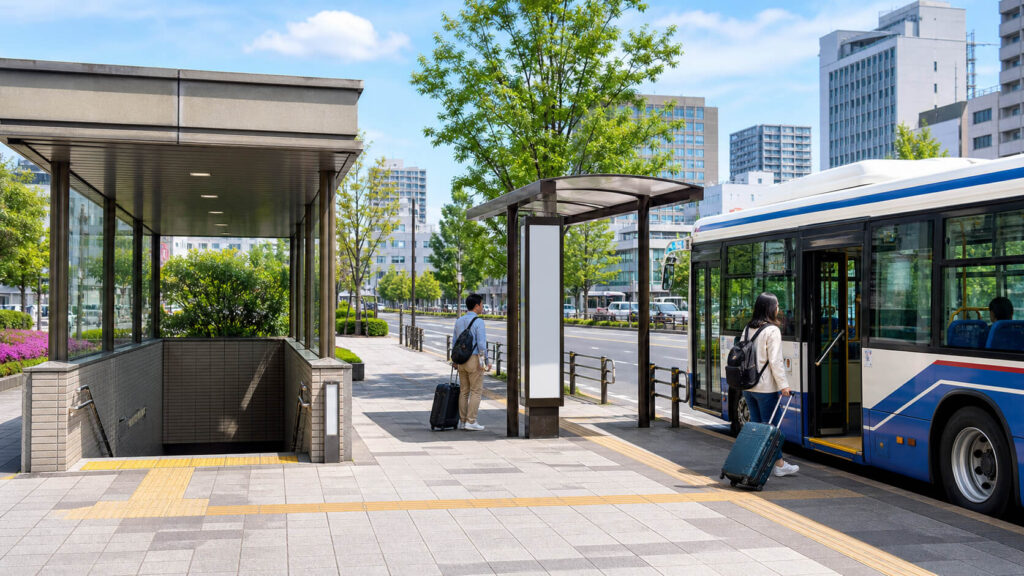 栄町駅交通広場から丘珠空港行きバスに乗る様子
