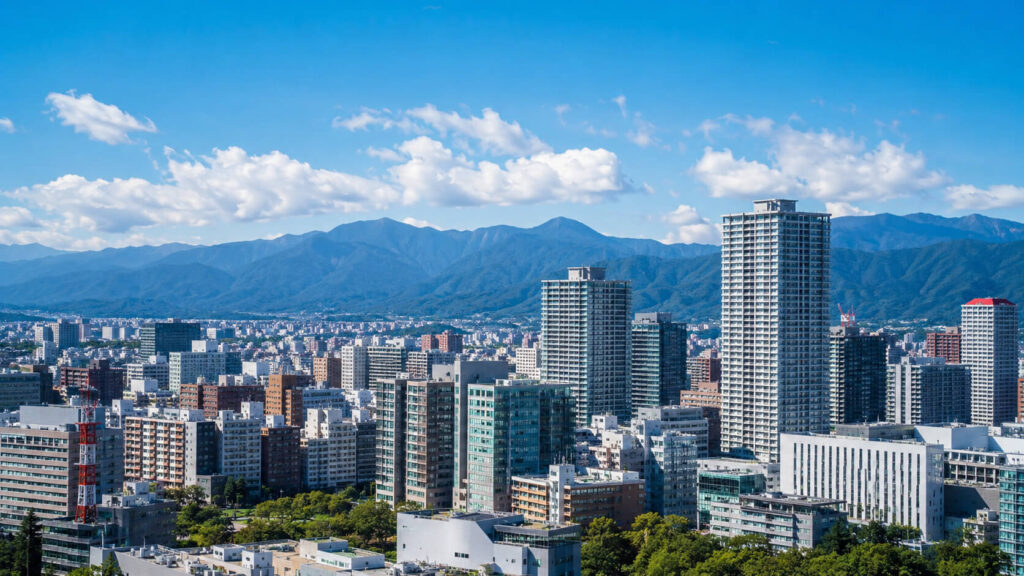 札幌の空と山並みに映える高層ビル群