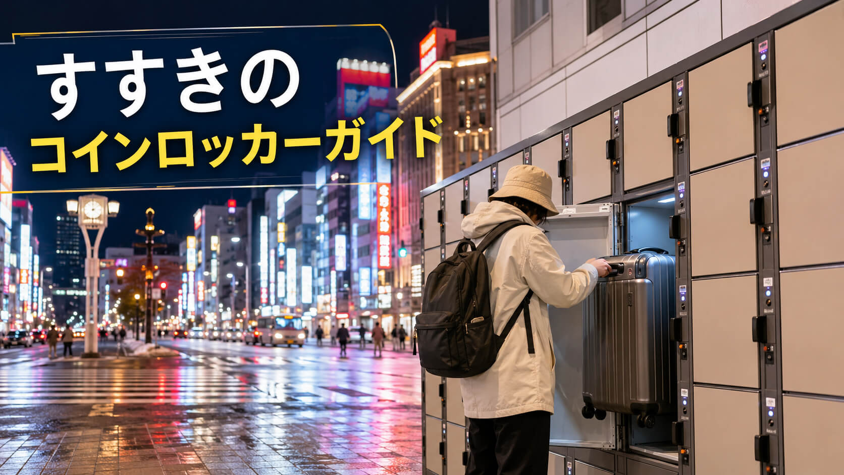すすきの交差点とスーツケースを持つ旅行者