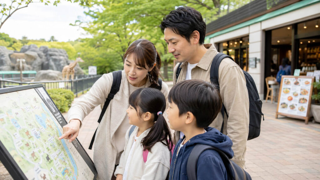 円山動物園のランチスポットを確認する家族連れ