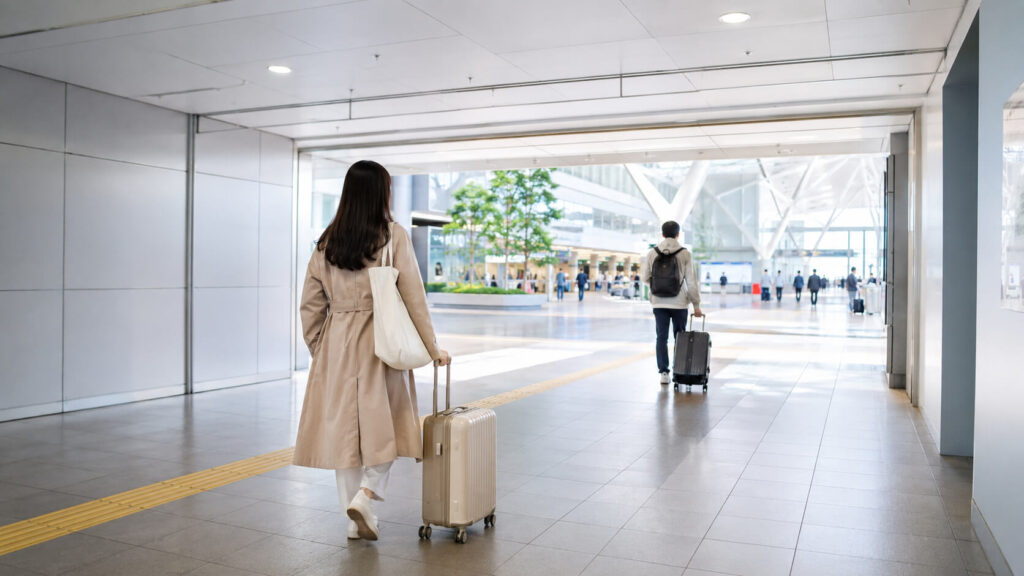新千歳空港の地下駅から空港ターミナルへ向かう旅行者