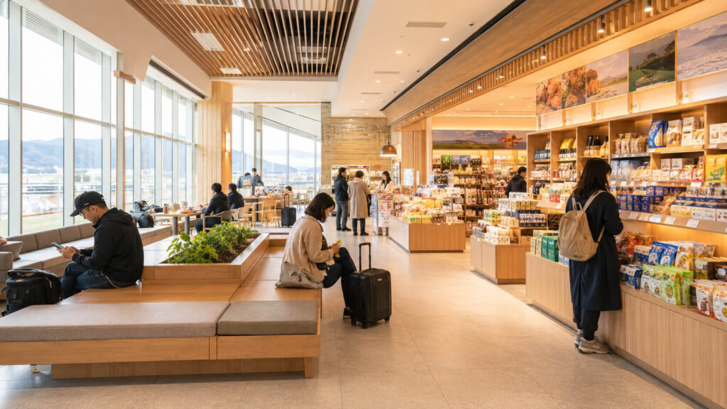 新函館北斗駅隣接のほっくるで休憩やお土産を楽しむ様子