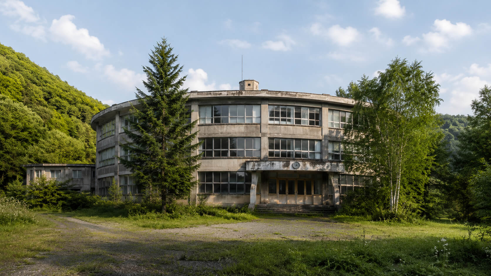 美唄の円形校舎と旧沼東小学校の歴史を感じる山あいの風景