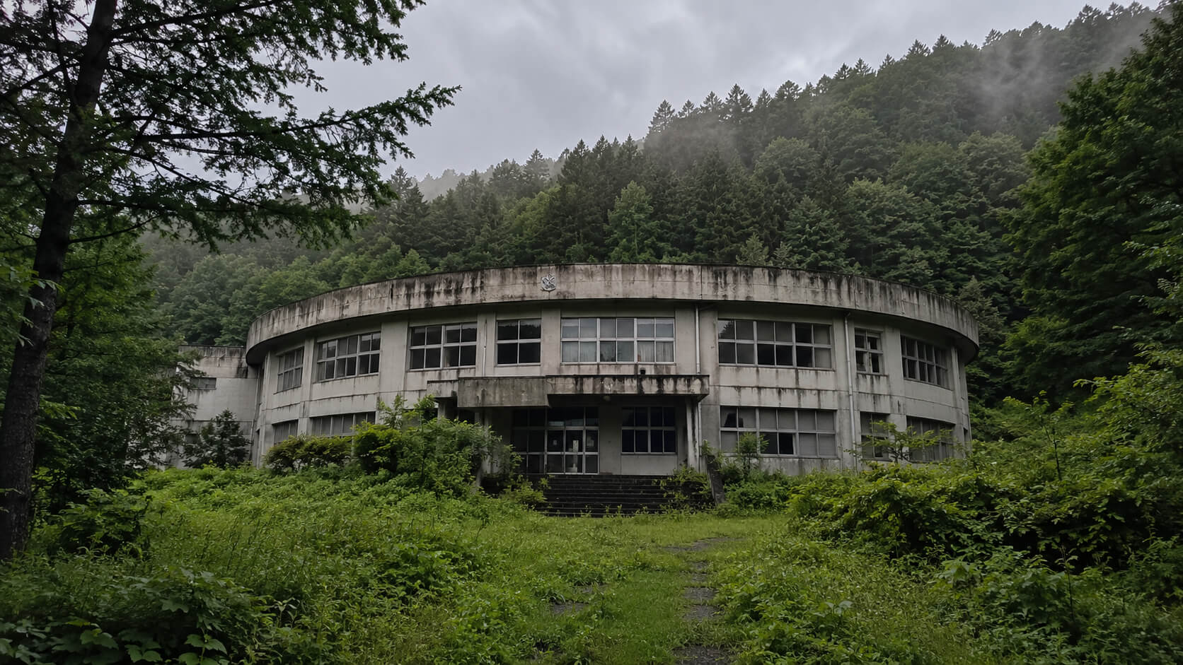 森の中に残る旧沼東小学校の円形校舎をイメージした風景