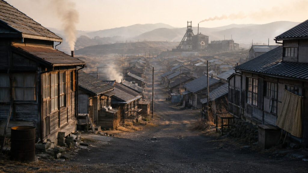 北海道の炭鉱町で暮らした人々の生活を想像させる炭鉱住宅の風景