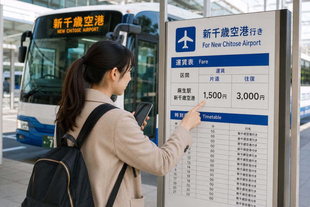 麻生から新千歳空港までのバス料金を確認する旅行者