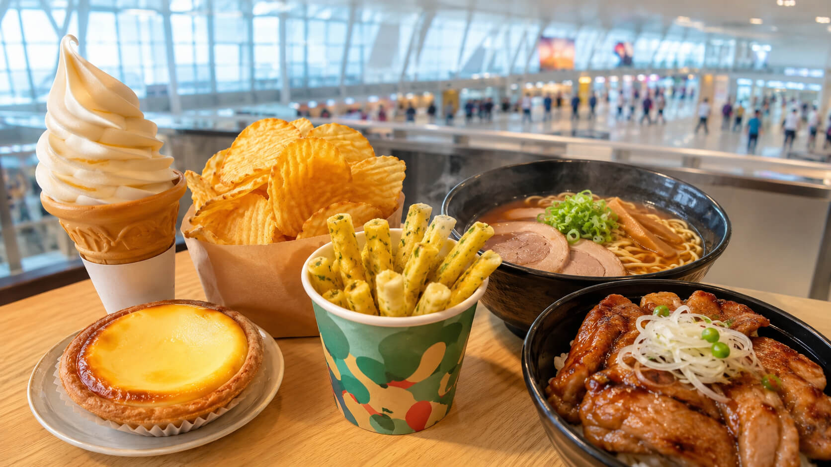 新千歳空港の食べ歩きを楽しむ旅行者と北海道グルメのイメージ