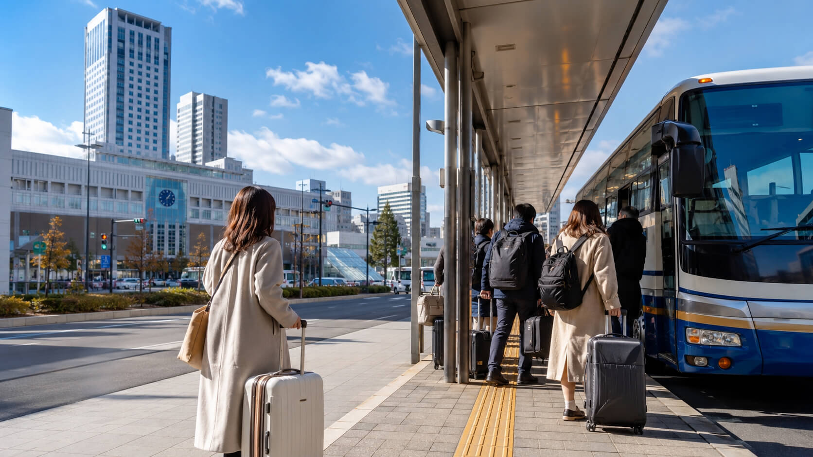 札幌駅から新千歳空港のバス乗り場へ向かう旅行者のイメージ