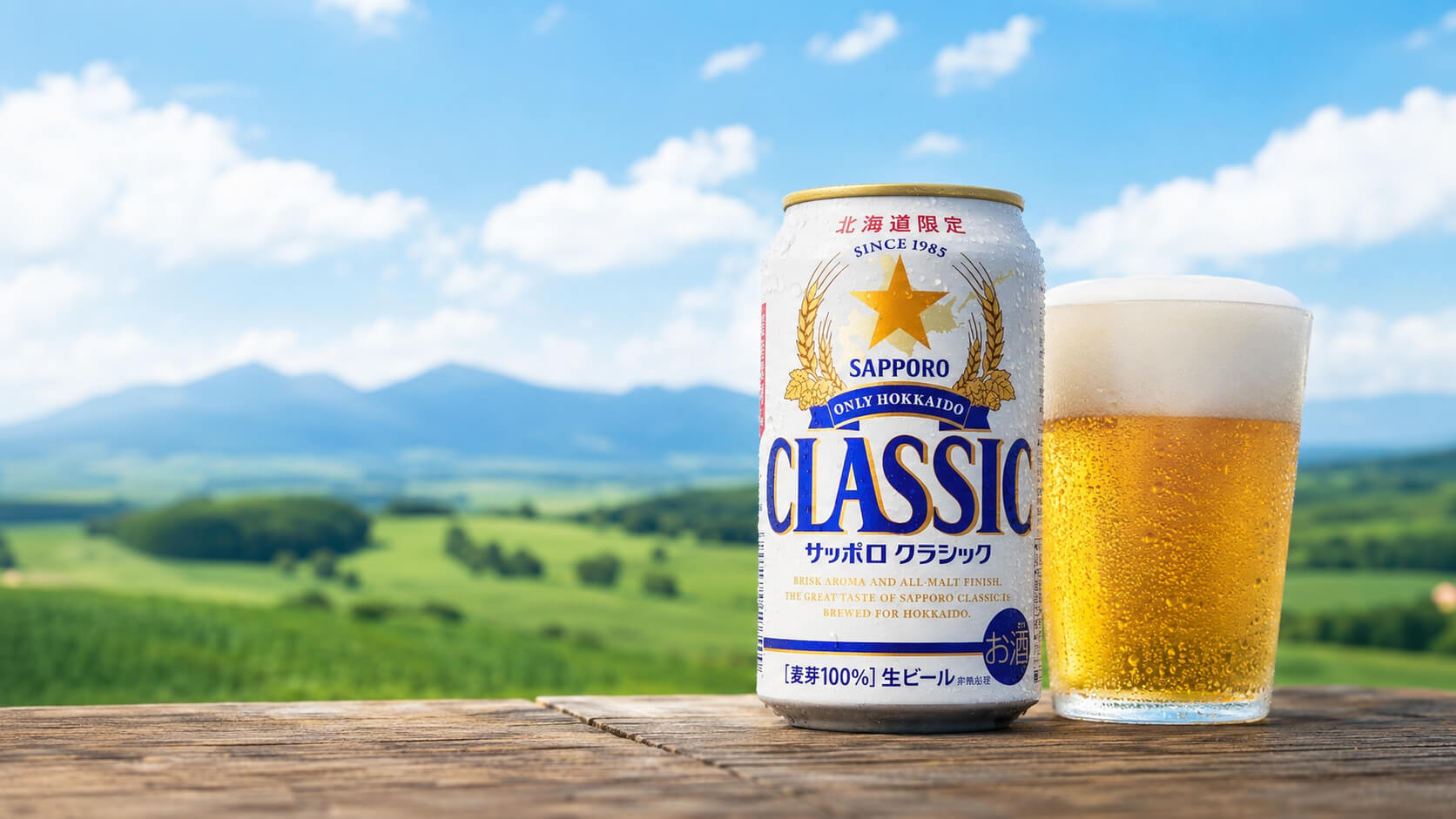 北海道の広い空とビールグラスをイメージした写真風画像