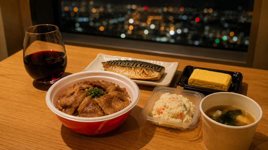 セイコーマートの惣菜と冷凍食品を使ったホテルでの夕食