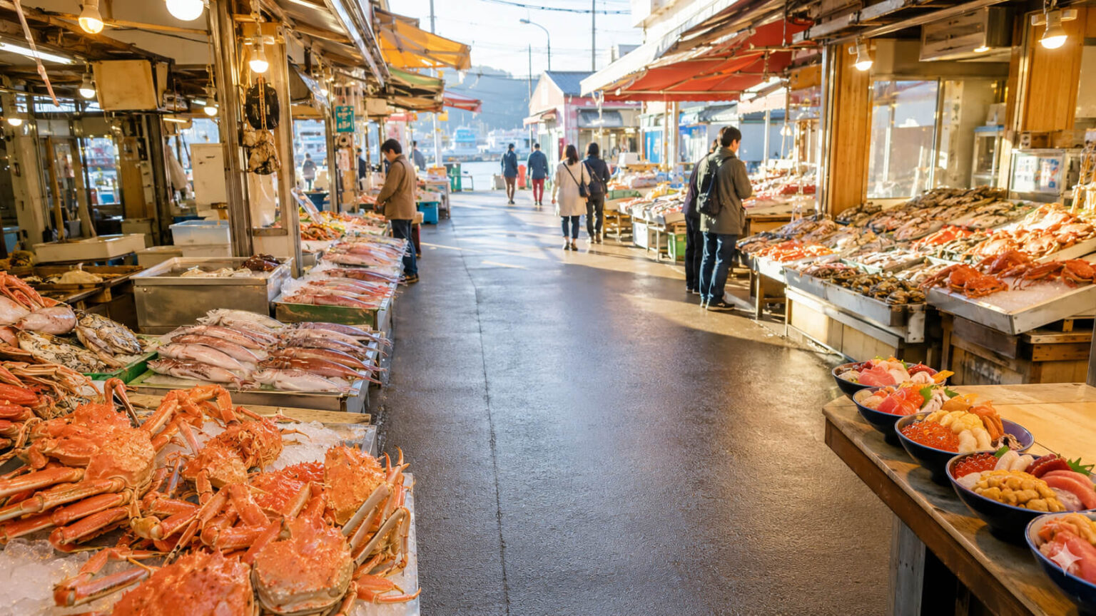 函館朝市は何時に行くべきかを紹介する早朝の市場風景