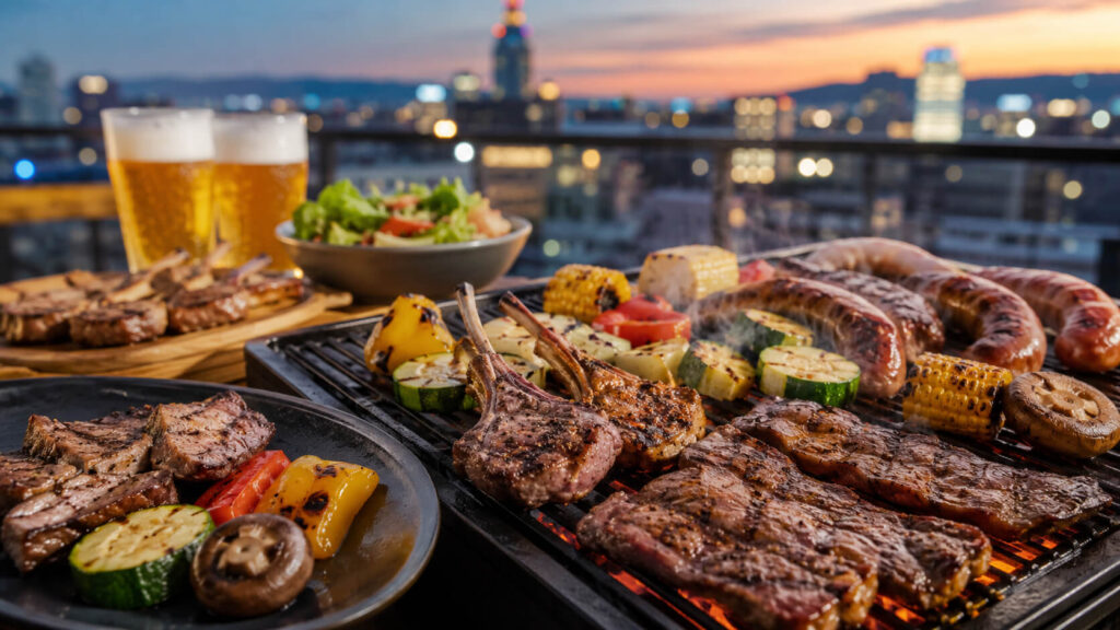 2026年のROOFTOP GREEN GARDEN BBQ会場の飲み放題付きBBQコースの料理