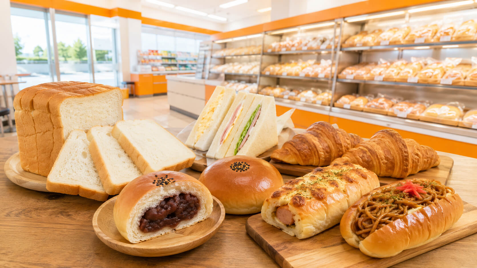 セイコーマートの食パン、菓子パン、惣菜パン、サンドイッチを並べた全体イメージ