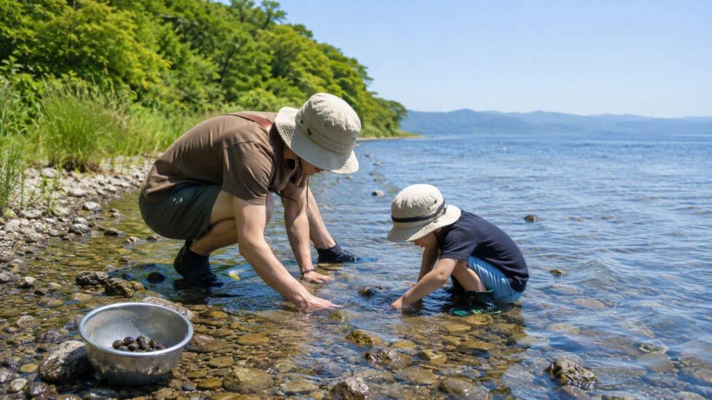 女満別湖畔で家族が安全にしじみ採りを楽しむ夏の風景