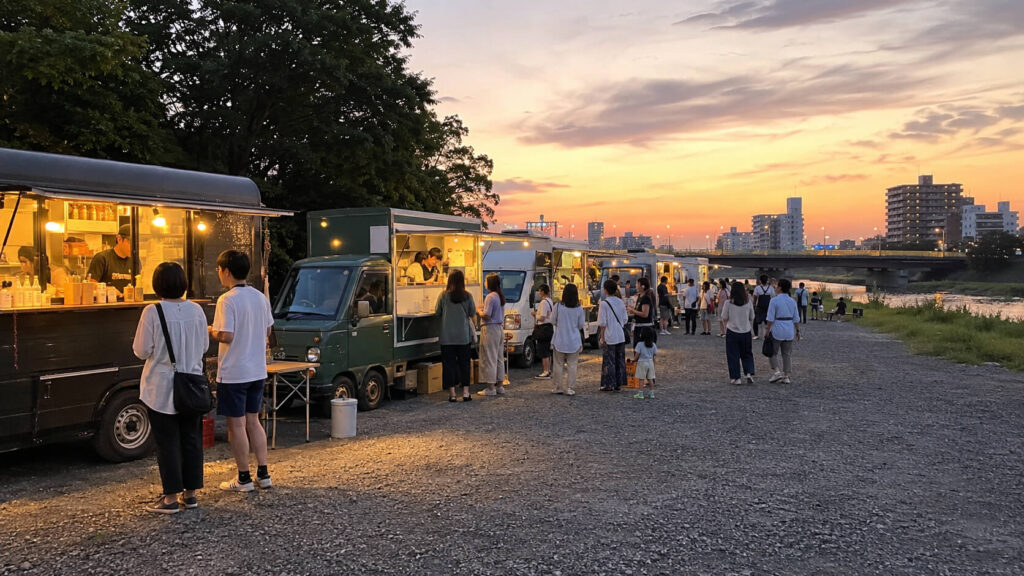 豊平川花火大会の有料観覧エリアに並ぶキッチンカー