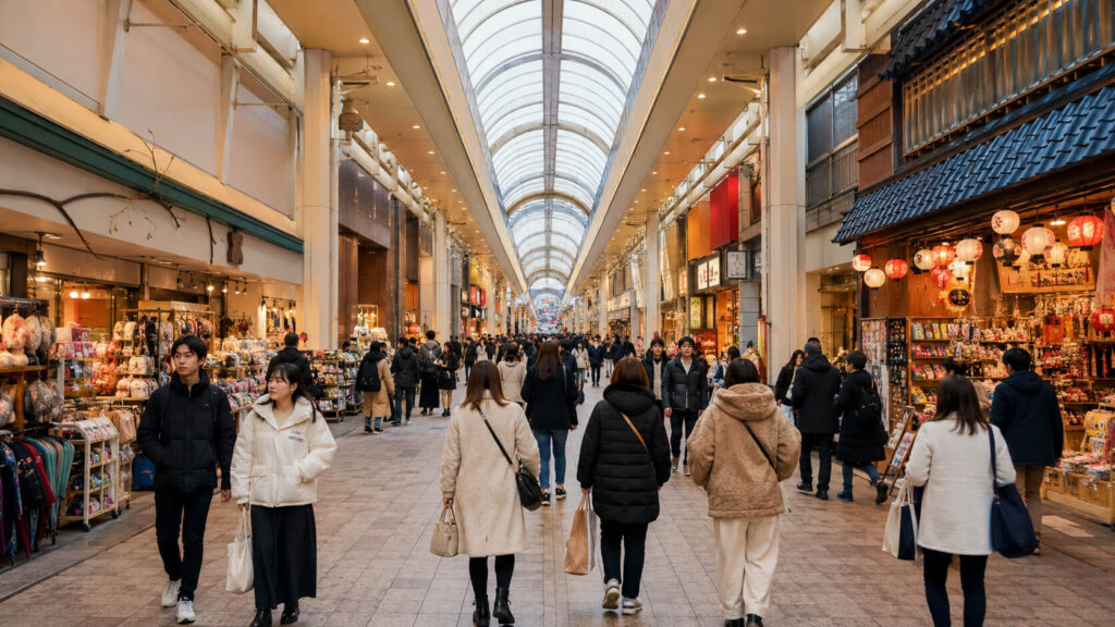 大通と狸小路で観光しながらお土産を買う様子