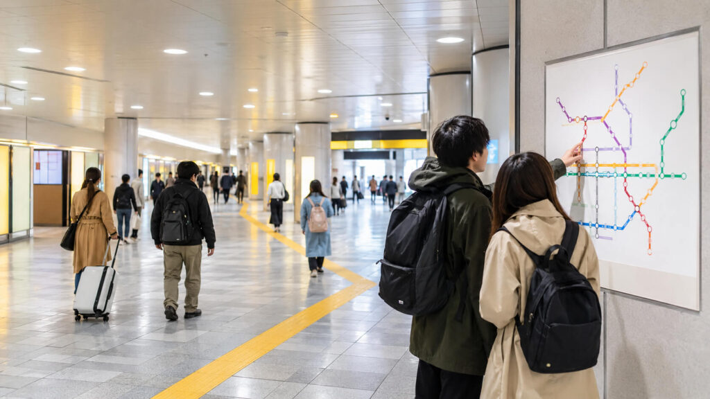 ドニチカキップを札幌で使うために路線図を見る観光客