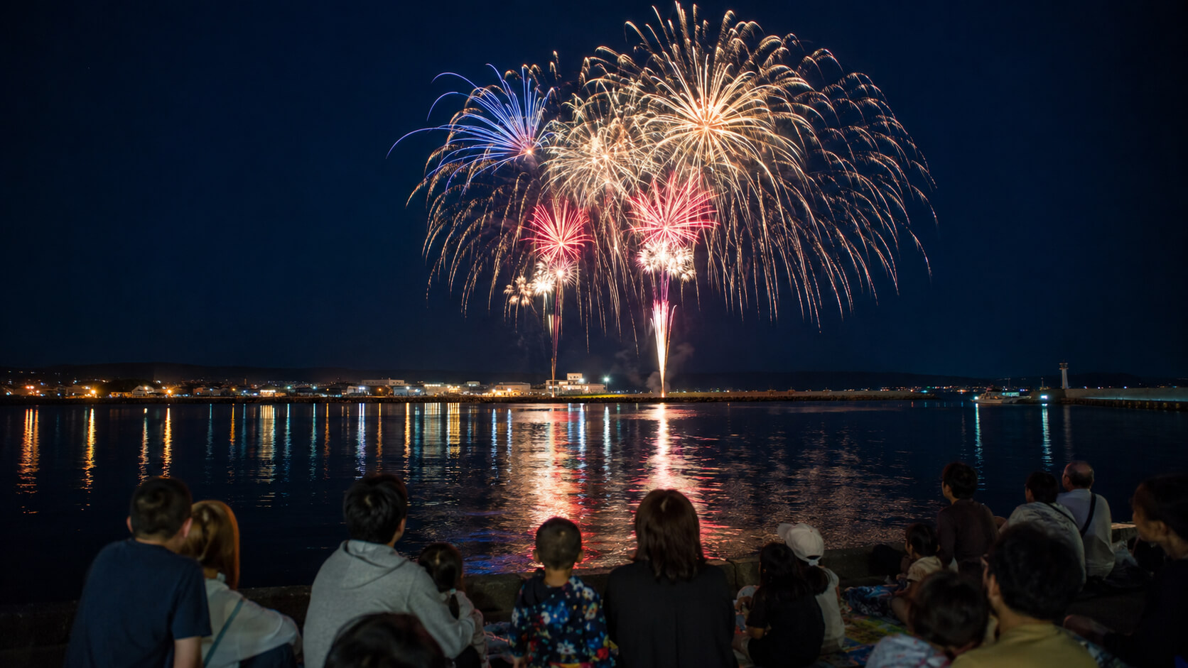 しかべ海と温泉のまつり花火大会で鹿部漁港の夜空を彩る花火