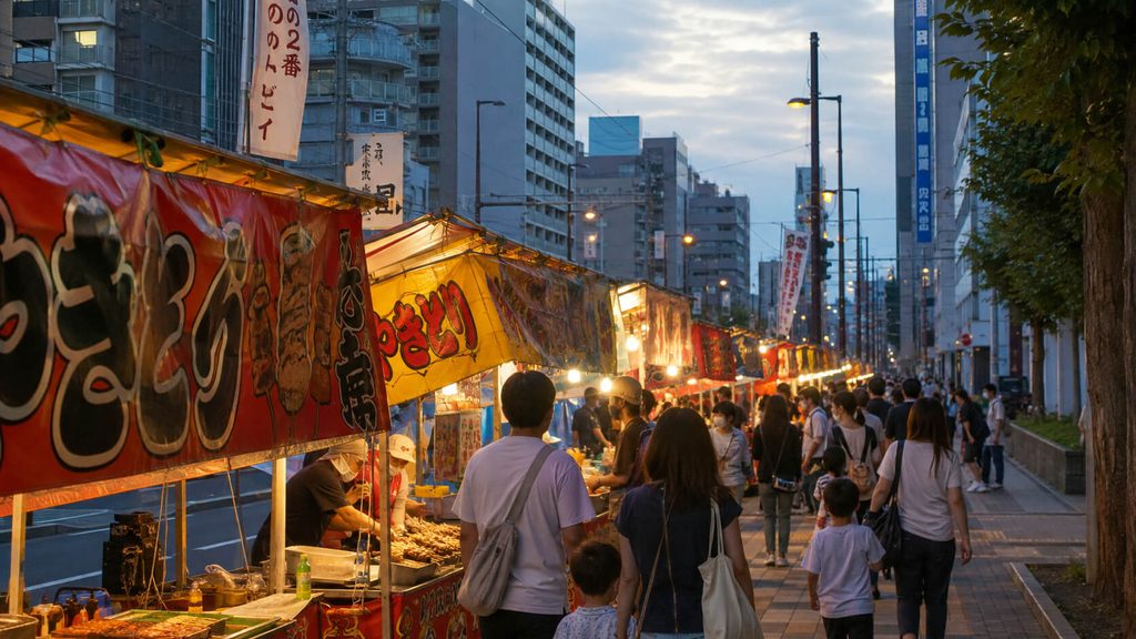 琴似本通りに並ぶ琴似神社秋祭りの屋台