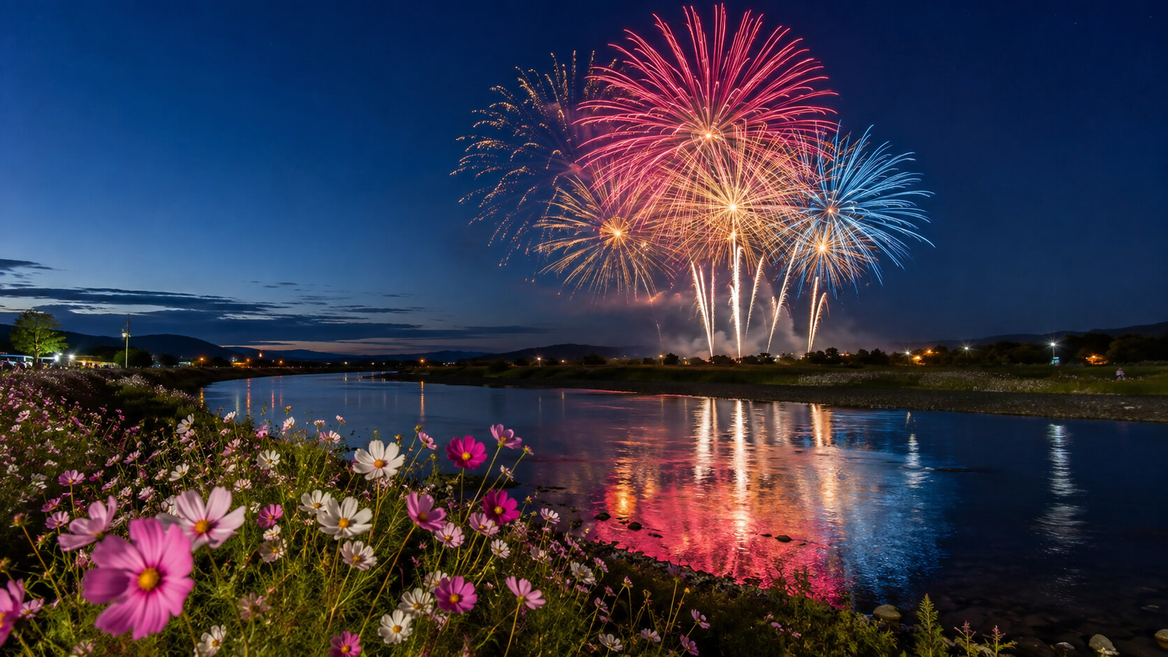 湧別川河川敷で開催されるコスモス開花宣言花火大会の夜景
