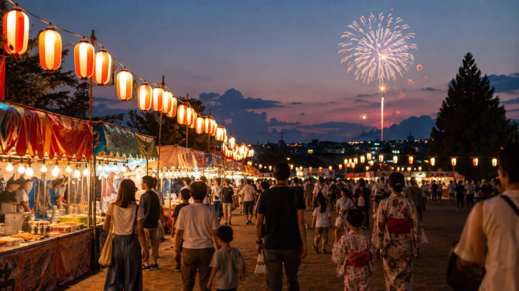 鵡川地蔵まつりの花火を観覧する家族と夏祭り会場
