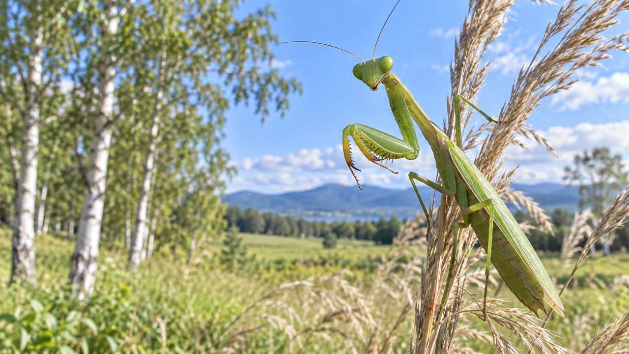 北海道の草原でススキに止まるオオカマキリ