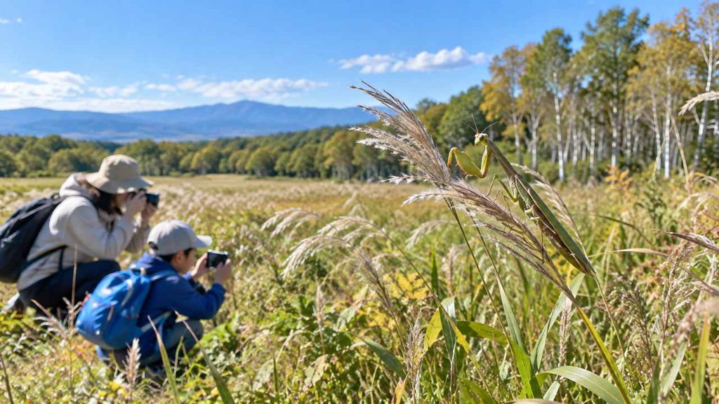 北海道でオオカマキリを観察する様子