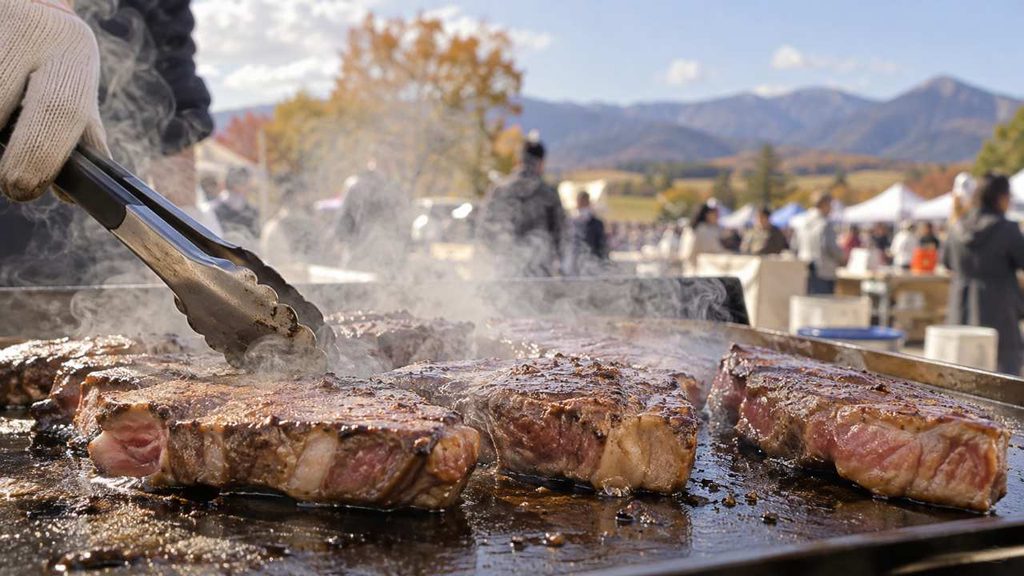 しほろ収穫祭でじゃがいもやしほろ牛を楽しむ家族