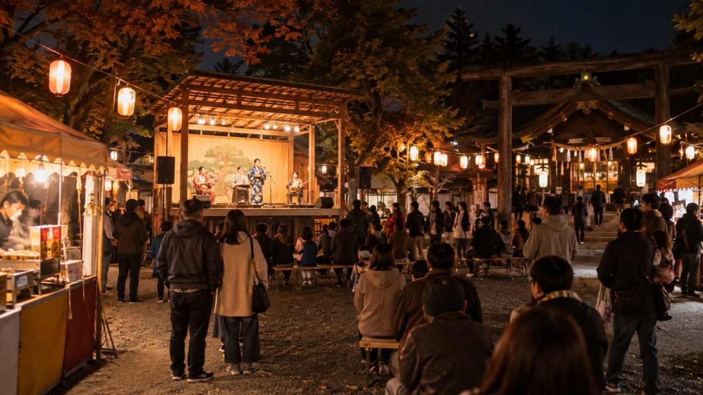 白石神社のお祭りで神社前に並ぶ屋台と露店やイベントステージ
